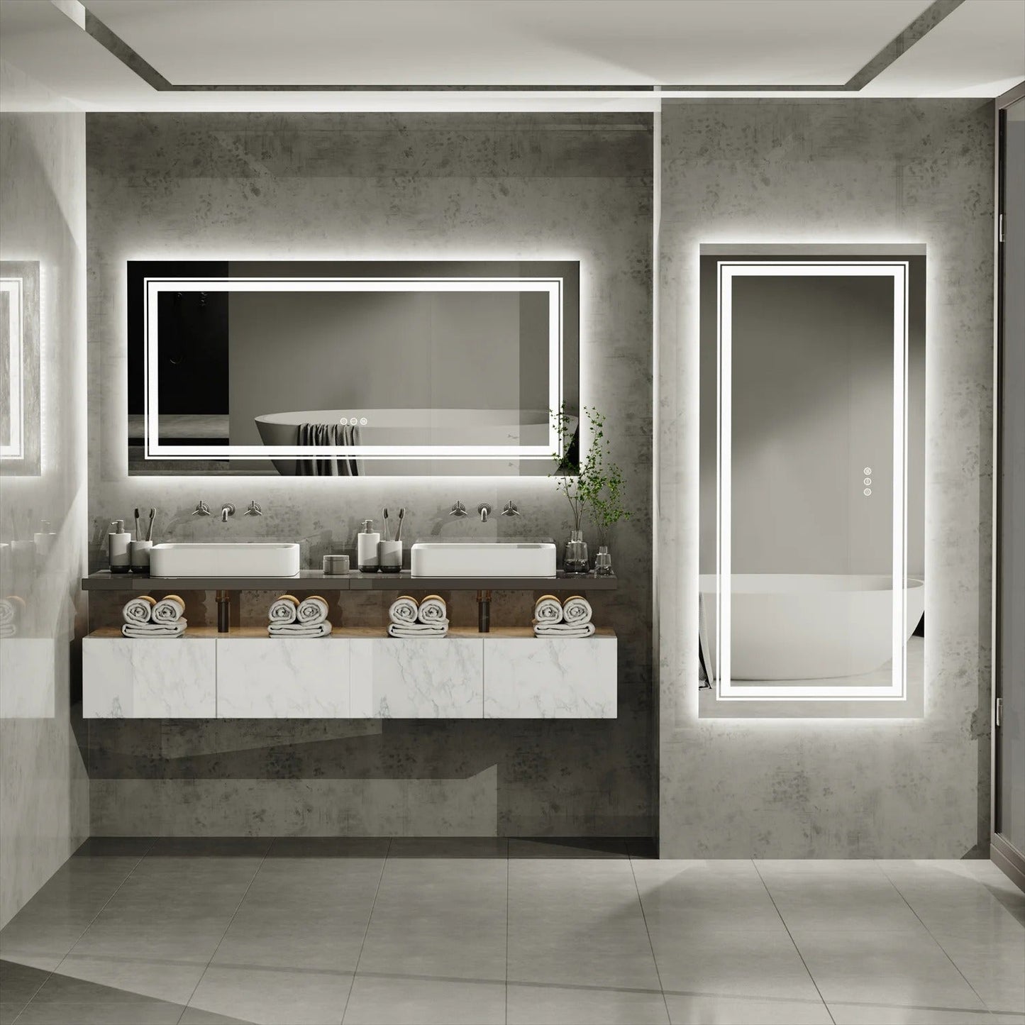 Extra-Large Rectangle Double Lights LED Bathroom Mirror, with Anti-Fog, 3 Adjustable color, Dimming & Memory Fuction