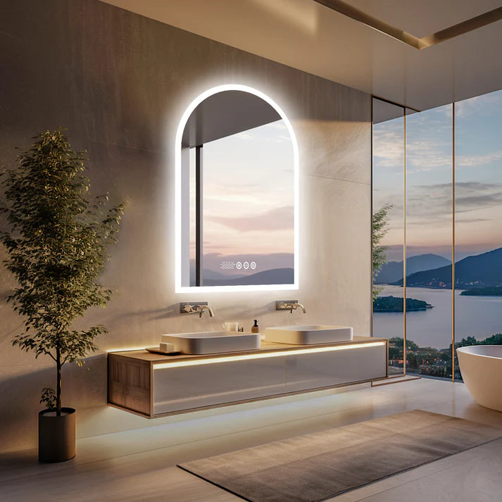 Arched Backlit Bathroom Mirror, Anti-Fog LED Mirror with Time, Date & Temperature Display and 3-Colour Lighting