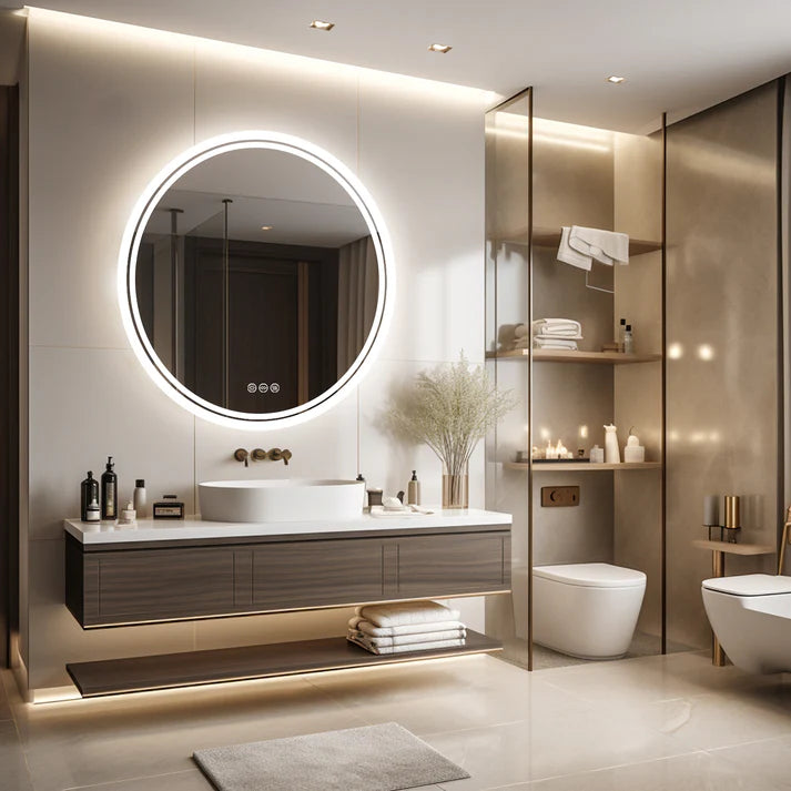 Round Backlit LED Bathroom Mirror with 3 Color Light Settings, Dimmable, anti-fog & memory function