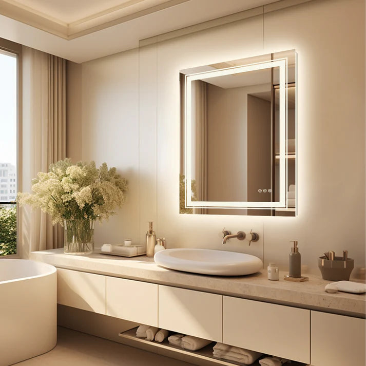 Rectangle Double Light Illuminated Bathroom Mirror with Dimmable Anti-Fog and Memory Function
