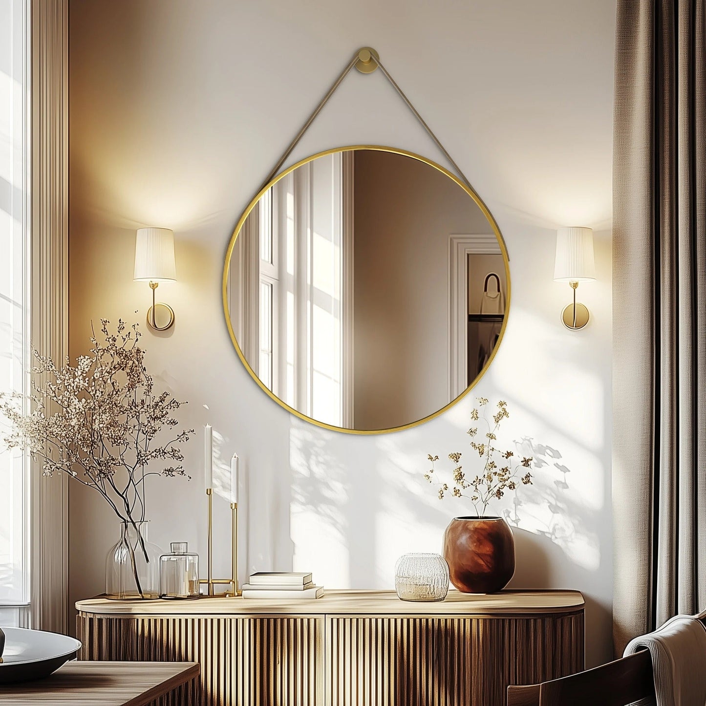 Round Black & Golden Wall Mirror – Decorative Vanity Mirror for Bathroom, Living Room and Bedroom Dressing Table