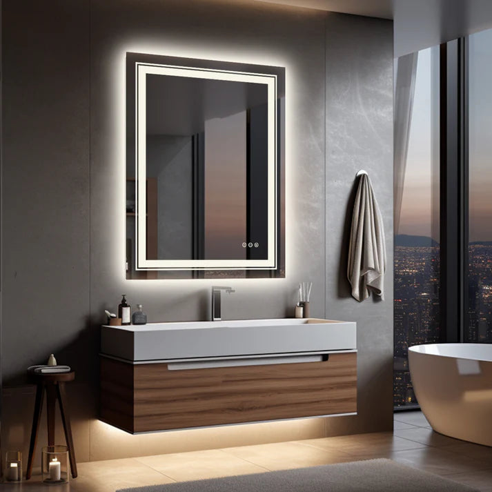 Rectangle Double Light Illuminated Bathroom Mirror with Dimmable Anti-Fog and Memory Function