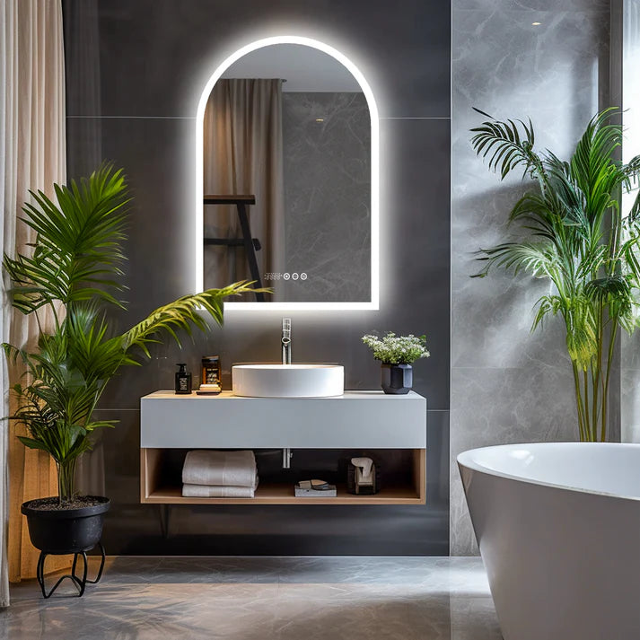 Arched Backlit Bathroom Mirror, Anti-Fog LED Mirror with Time, Date & Temperature Display and 3-Colour Lighting