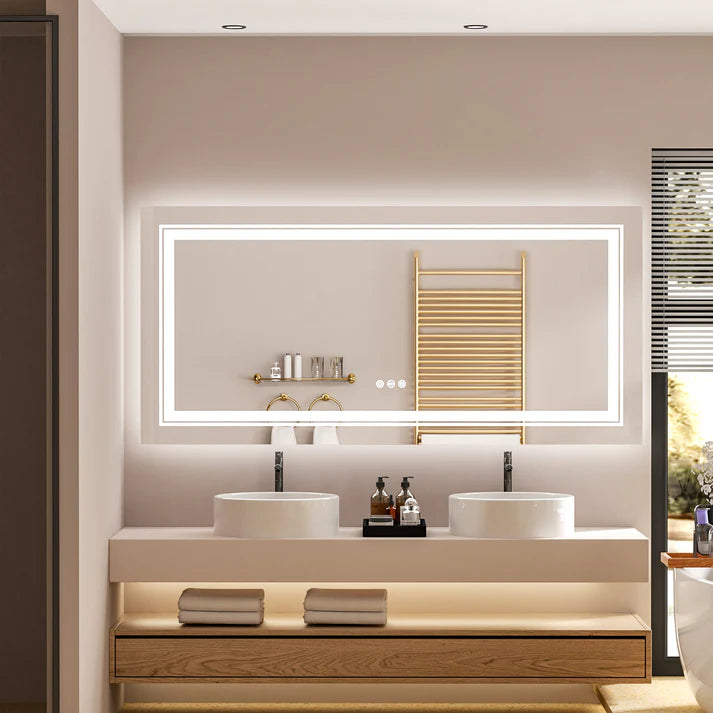 Extra-Large Rectangle Double Lights LED Bathroom Mirror, with Anti-Fog, 3 Adjustable color, Dimming & Memory Fuction