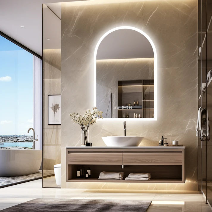 Arched Backlit Bathroom Mirror, Anti-Fog LED Mirror with Time, Date & Temperature Display and 3-Colour Lighting