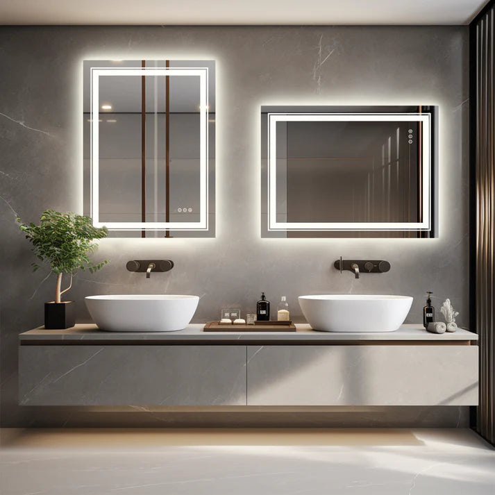 Rectangle Double Light Illuminated Bathroom Mirror with Dimmable Anti-Fog and Memory Function