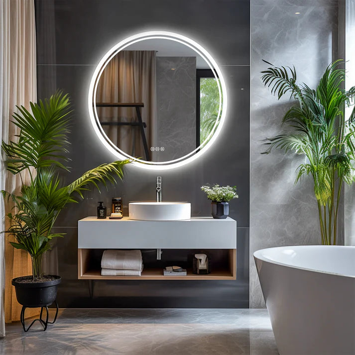 Round Backlit LED Bathroom Mirror with 3 Color Light Settings, Dimmable, anti-fog & memory function