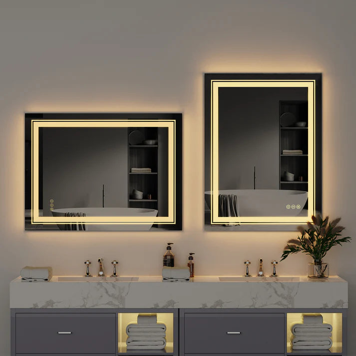 Rectangle Double Light Illuminated Bathroom Mirror with Dimmable Anti-Fog and Memory Function