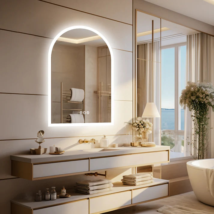Arched Backlit Bathroom Mirror, Anti-Fog LED Mirror with Time, Date & Temperature Display and 3-Colour Lighting