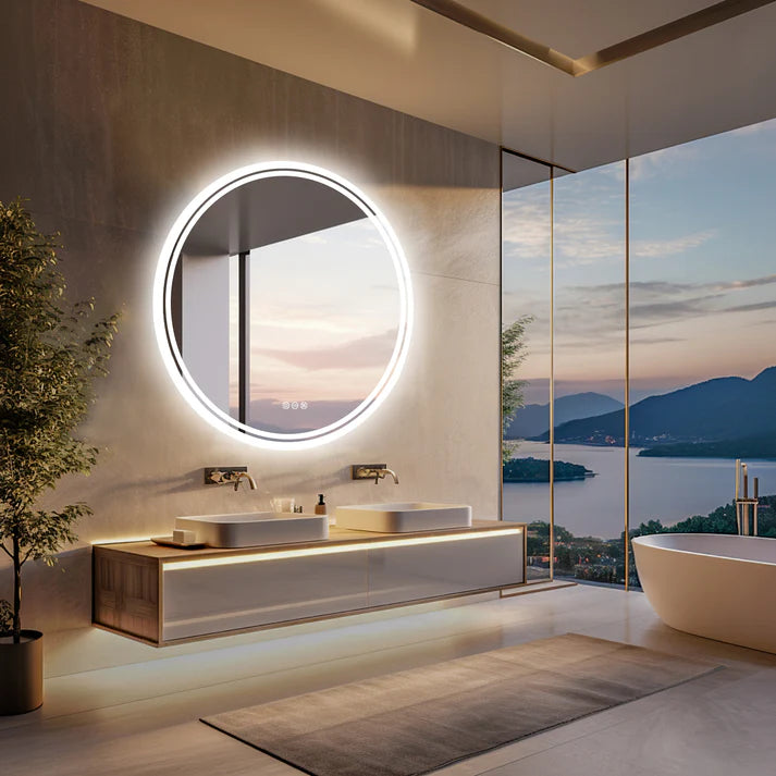 Round Backlit LED Bathroom Mirror with 3 Color Light Settings, Dimmable, anti-fog & memory function