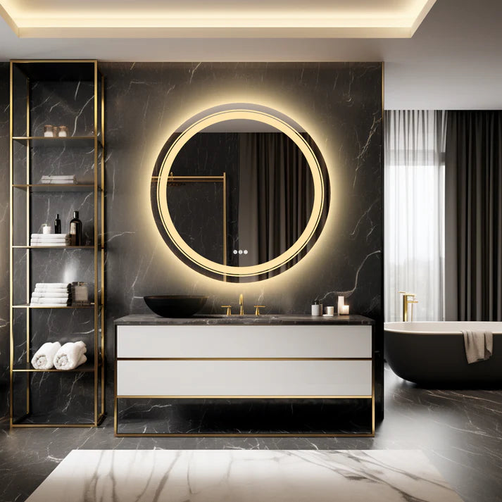 Round Double Light LED Bathroom Mirror, Dimmable, Anti-Fog Circle Wall Mounted Bathroom Mirror