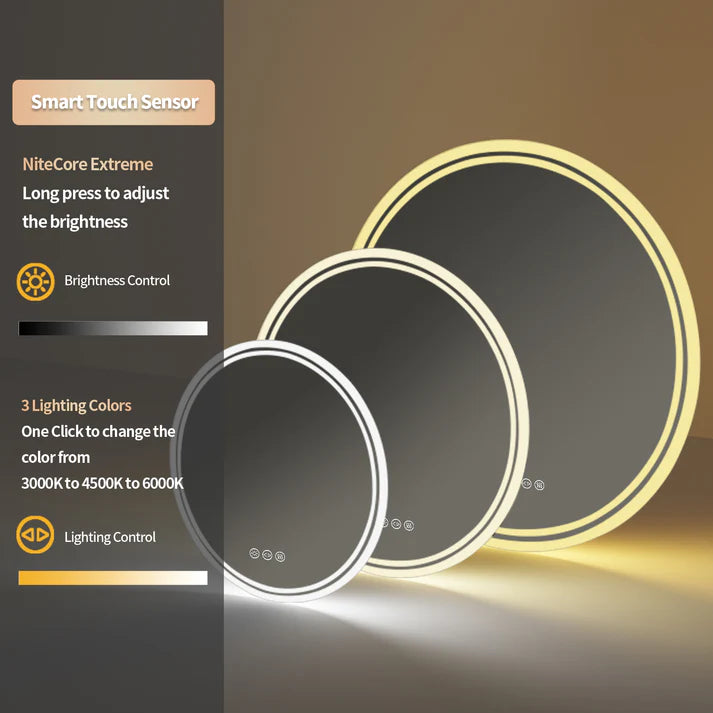 Round Backlit LED Bathroom Mirror with 3 Color Light Settings, Dimmable, anti-fog & memory function