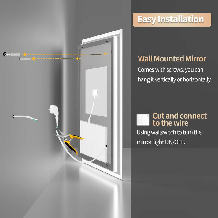 Rectangle Backlit Light LED Smart Bathroom Illumination Mirror, Wall Mounted, Anti-Fog