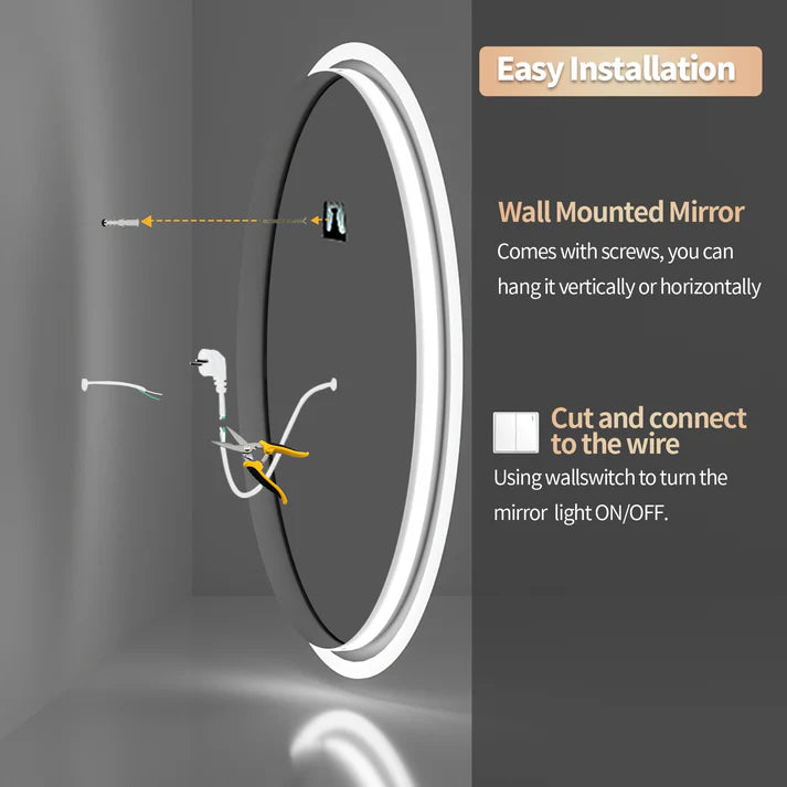 Round Backlit LED Bathroom Mirror with 3 Color Light Settings, Dimmable, anti-fog & memory function