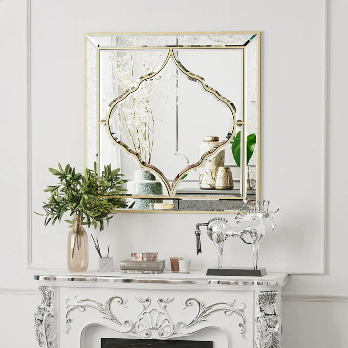 Large Square Wall Mirror – Gold Edge Islamic Style Decorative Mirror for Bedroom, Hallway & Living Room