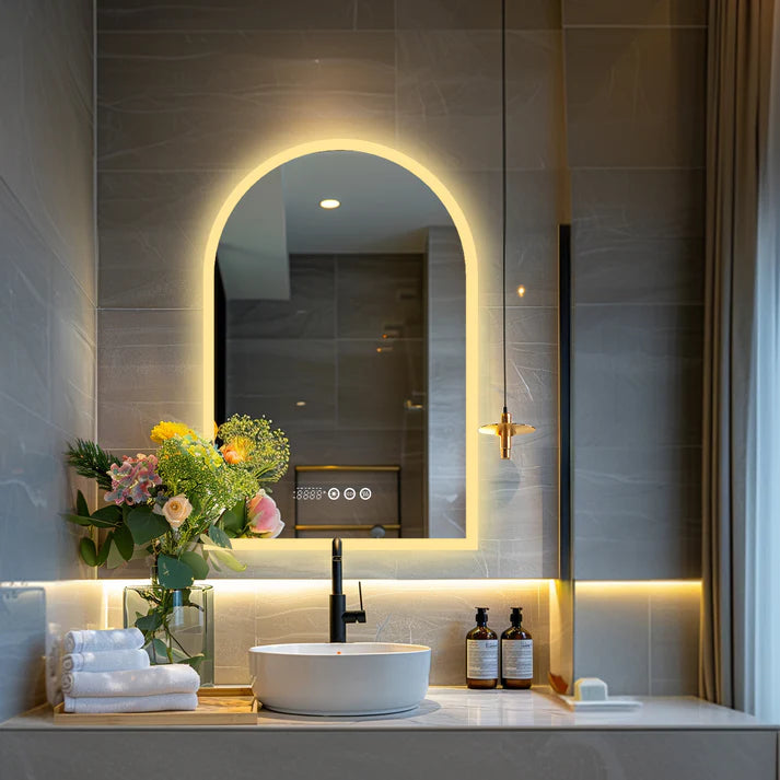 Arched Backlit Bathroom Mirror, Anti-Fog LED Mirror with Time, Date & Temperature Display and 3-Colour Lighting