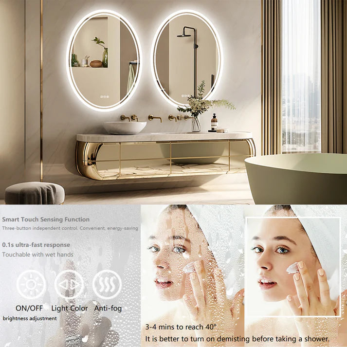 Oval Dimmable Backlit LED Smart Bathroom Mirror,Wall Mounted,Anti-Fog