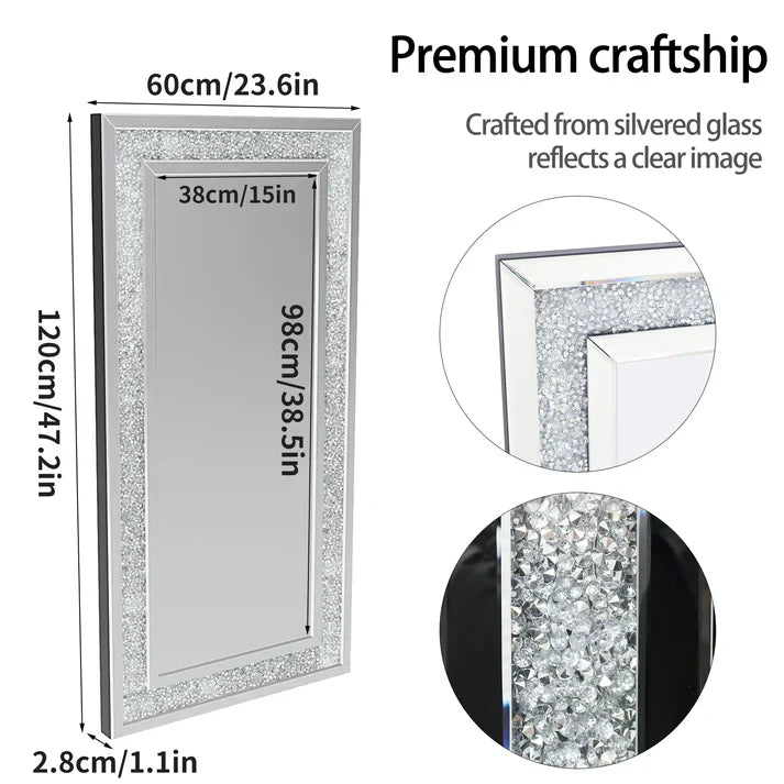 Luxury Silver Crystal Rectangle Vanity Mirror – Large Frameless Wall Dressing Mirror with Rhinestone Detailing
