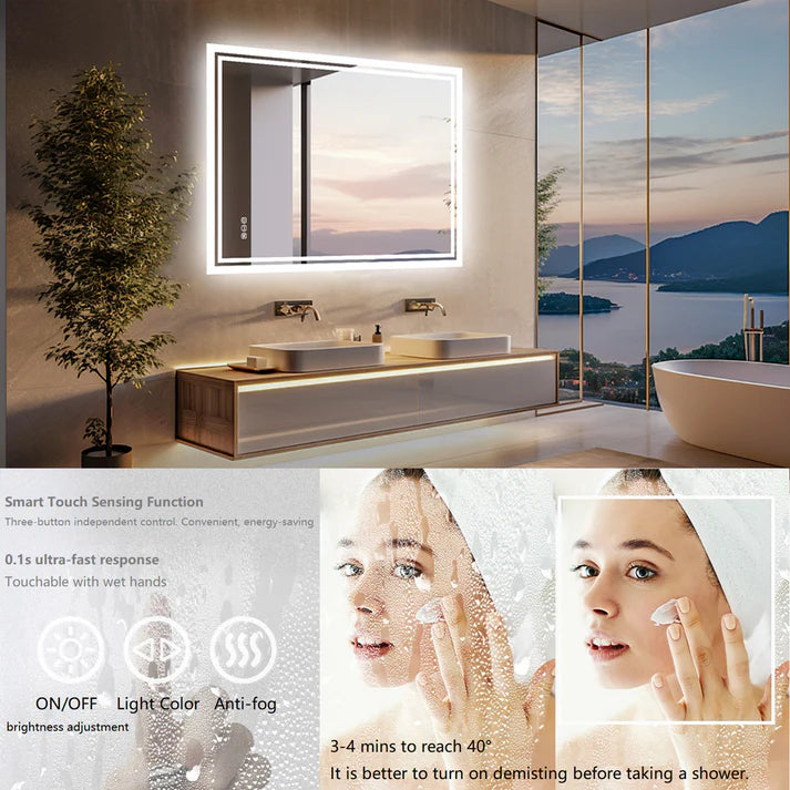 Rectangle Backlit Light LED Smart Bathroom Illumination Mirror, Wall Mounted, Anti-Fog
