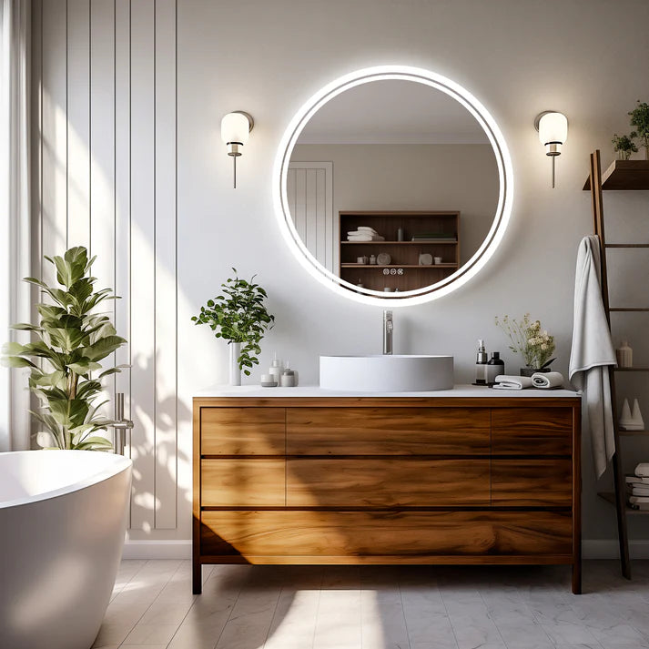 Round Backlit LED Bathroom Mirror with 3 Color Light Settings, Dimmable, anti-fog & memory function