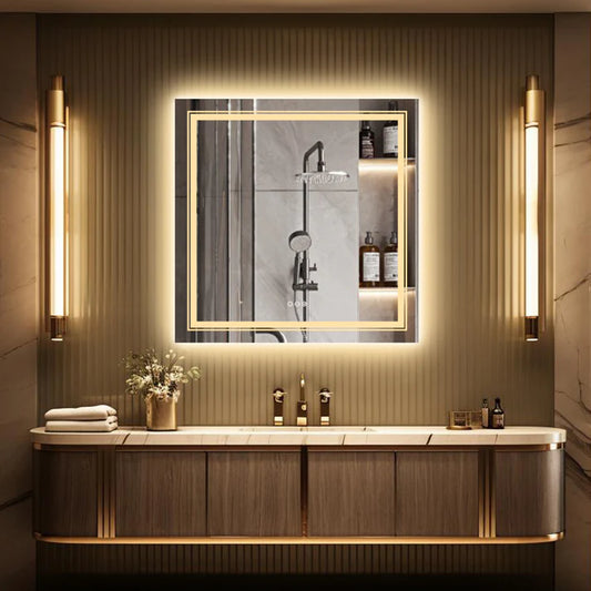 Large Square Double Lights Bathroom Mirror, Illuminated Makeup Vanity Mirror with Dimmable LED Lights