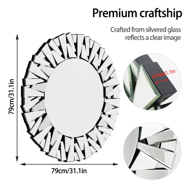 Round Wall Mounted Sunburst Silver Glass Bathroom Vanity Mirror
