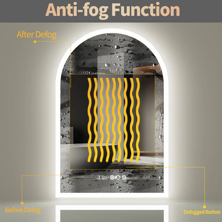 Arched Backlit Bathroom Mirror, Anti-Fog LED Mirror with Time, Date & Temperature Display and 3-Colour Lighting