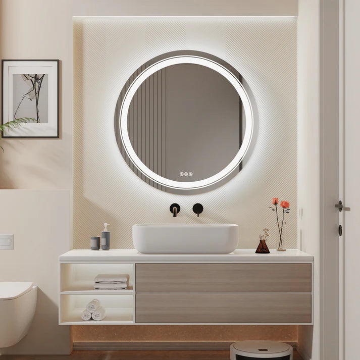 Round Double Light LED Bathroom Mirror, Dimmable, Anti-Fog Circle Wall Mounted Bathroom Mirror