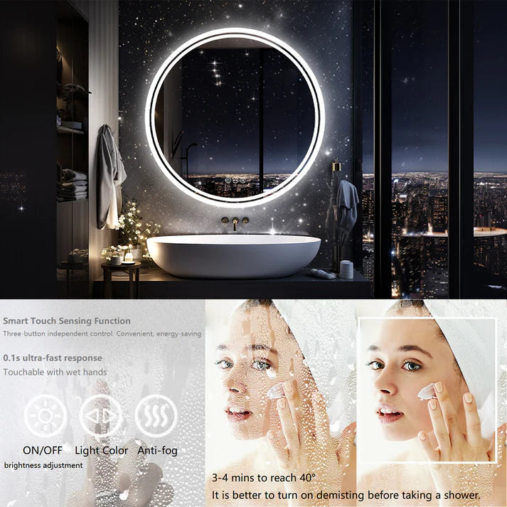 Round Backlit LED Bathroom Mirror with 3 Color Light Settings, Dimmable, anti-fog & memory function