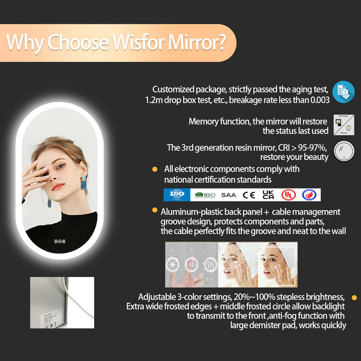 Illuminated Oval Backlit LED Bathroom Mirror, Anti-Fog