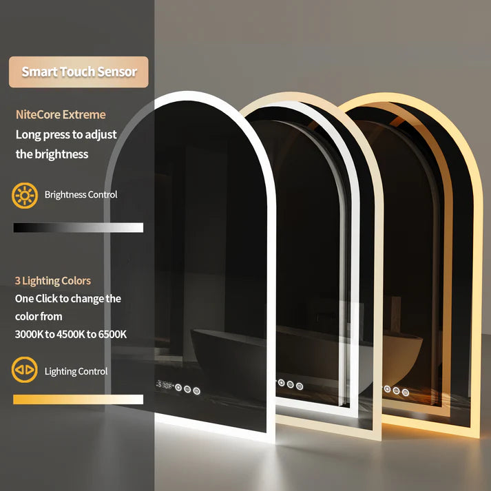 Arched Backlit Bathroom Mirror, Anti-Fog LED Mirror with Time, Date & Temperature Display and 3-Colour Lighting