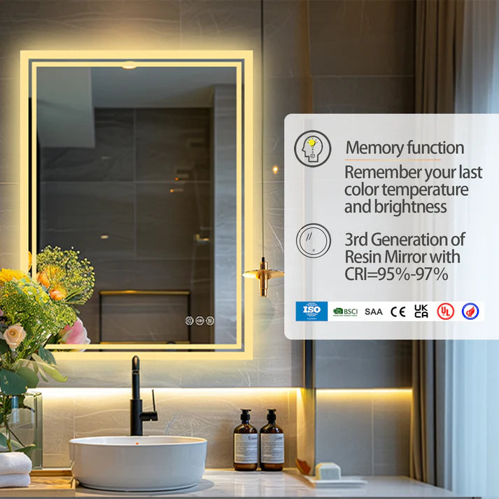 Rectangle Backlit Light LED Smart Bathroom Illumination Mirror, Wall Mounted, Anti-Fog