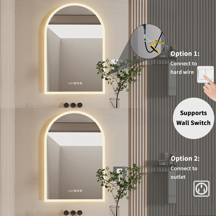 Arched Backlit Bathroom Mirror, Anti-Fog LED Mirror with Time, Date & Temperature Display and 3-Colour Lighting