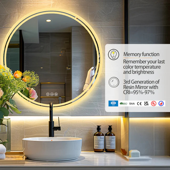Round Backlit LED Bathroom Mirror with 3 Color Light Settings, Dimmable, anti-fog & memory function