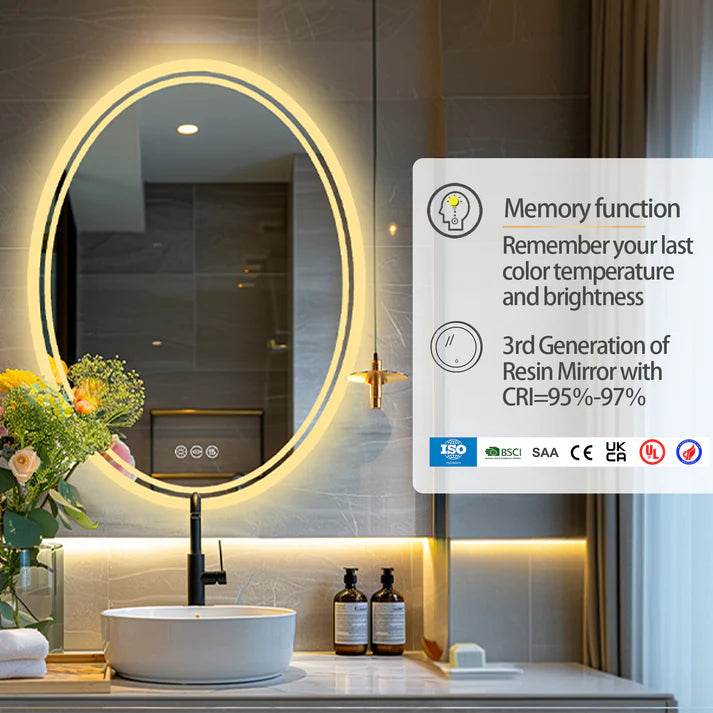 Oval Dimmable Backlit LED Smart Bathroom Mirror,Wall Mounted,Anti-Fog