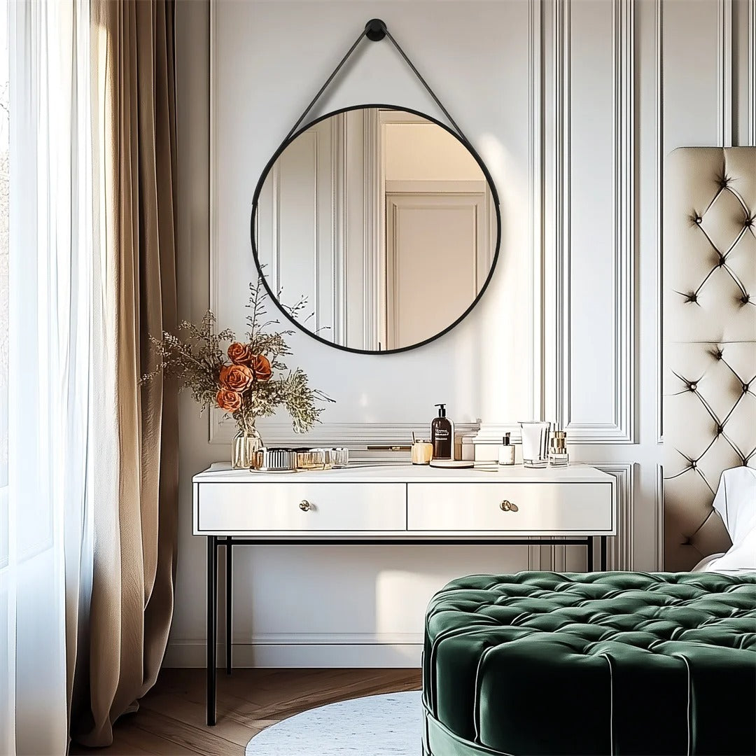 Round Black & Golden Wall Mirror – Decorative Vanity Mirror for Bathroom, Living Room and Bedroom Dressing Table