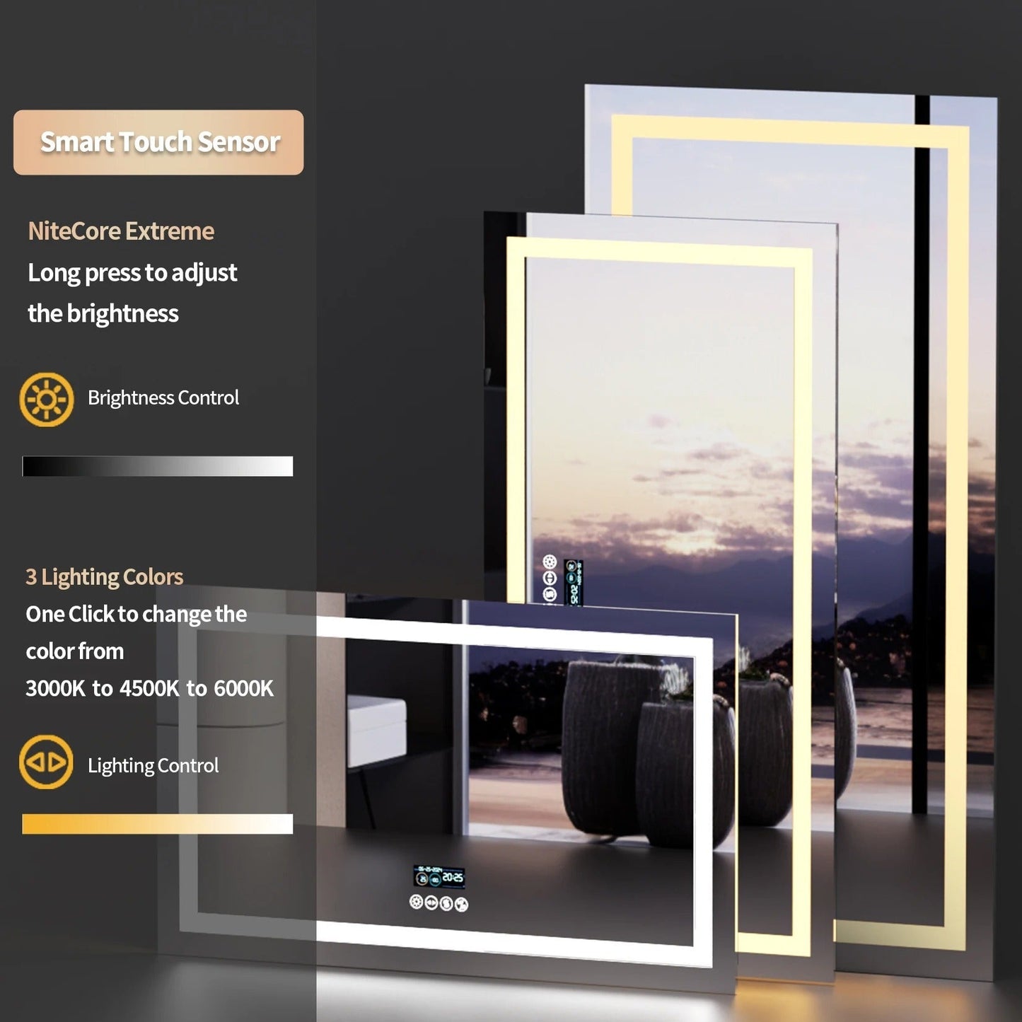 Smart LED Bathroom Mirror With Bluetooth,Multiple Size Large Rectangle Double Lights with Anti-Fog, 3 Color