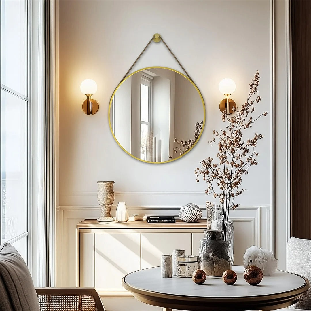 Round Black & Golden Wall Mirror – Decorative Vanity Mirror for Bathroom, Living Room and Bedroom Dressing Table