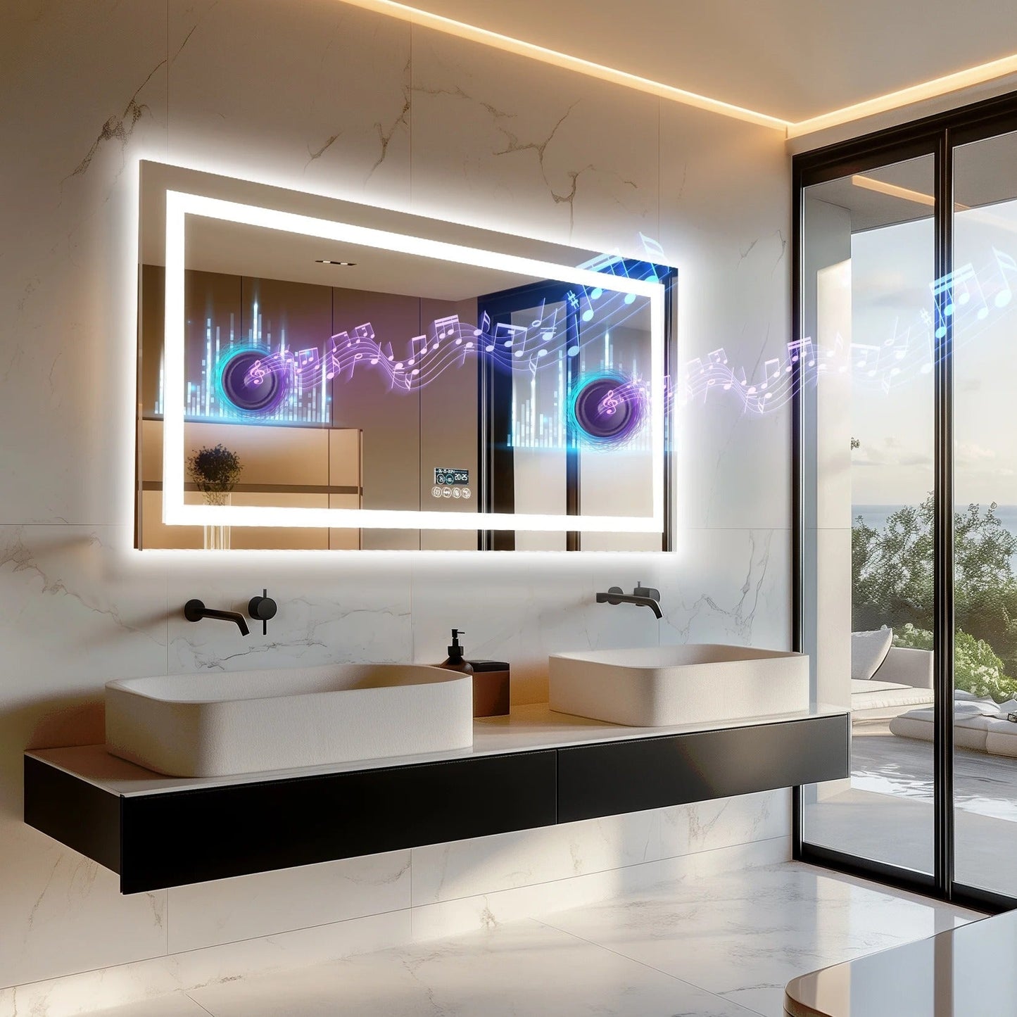 Smart LED Bathroom Mirror With Bluetooth,Multiple Size Large Rectangle Double Lights with Anti-Fog, 3 Color