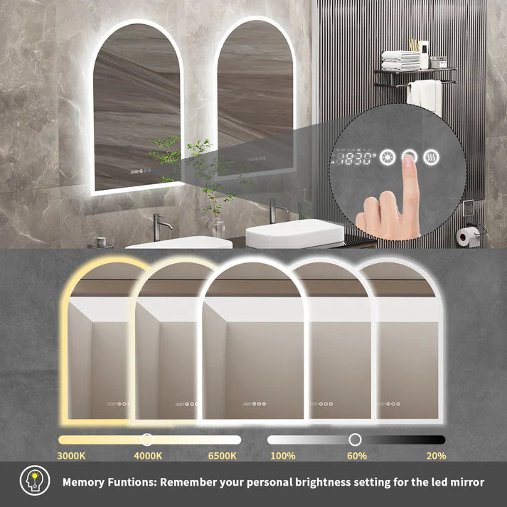 Arched Backlit Bathroom Mirror, Anti-Fog LED Mirror with Time, Date & Temperature Display and 3-Colour Lighting