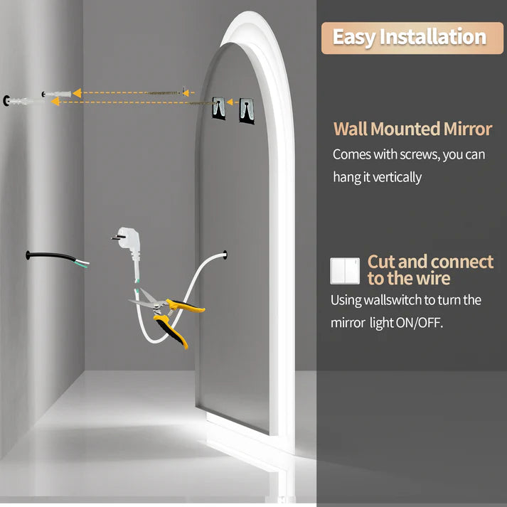 Arched Backlit Bathroom Mirror, Anti-Fog LED Mirror with Time, Date & Temperature Display and 3-Colour Lighting