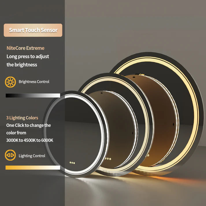 Round Double Light LED Bathroom Mirror, Dimmable, Anti-Fog Circle Wall Mounted Bathroom Mirror