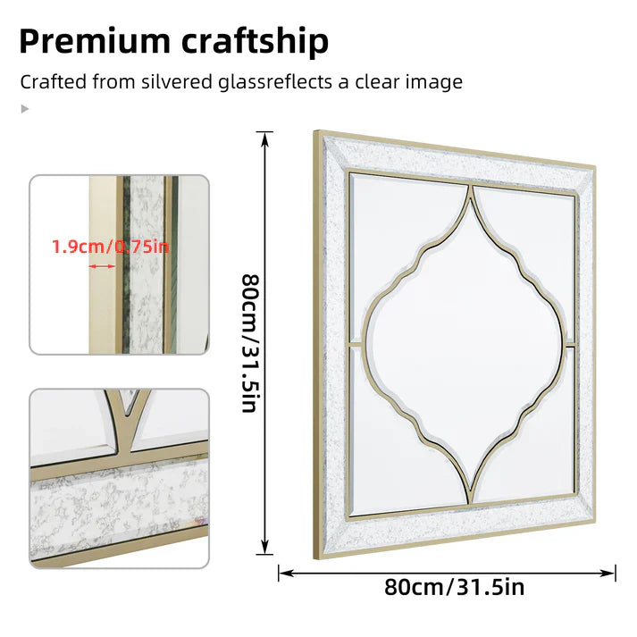 Large Square Wall Mirror – Gold Edge Islamic Style Decorative Mirror for Bedroom, Hallway & Living Room