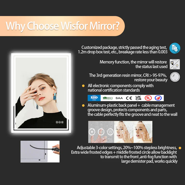 Rectangle Backlit Light LED Smart Bathroom Illumination Mirror, Wall Mounted, Anti-Fog