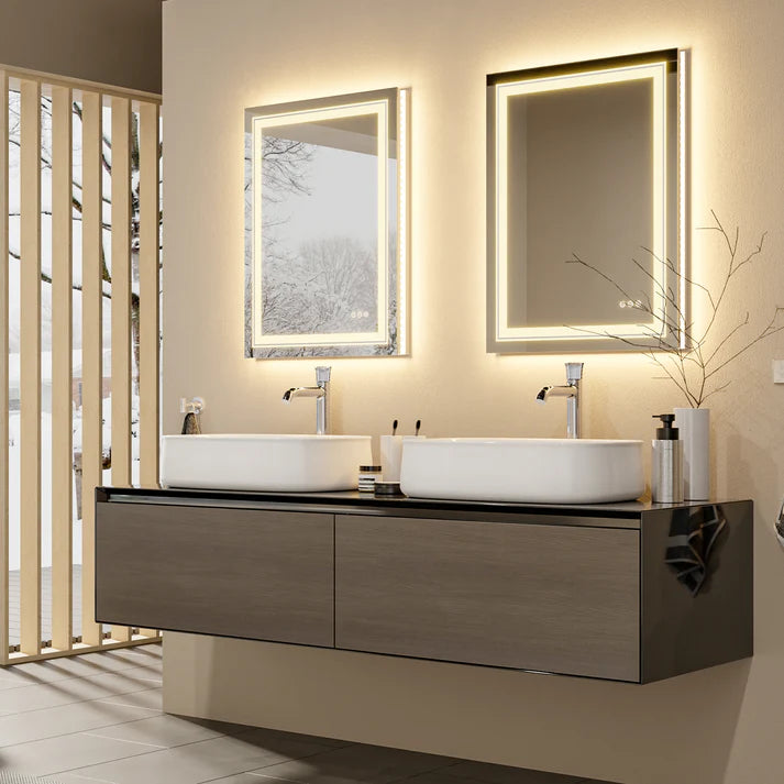 Rectangle Double Light Illuminated Bathroom Mirror with Dimmable Anti-Fog and Memory Function