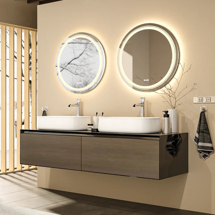 Round Double Light LED Bathroom Mirror, Dimmable, Anti-Fog Circle Wall Mounted Bathroom Mirror