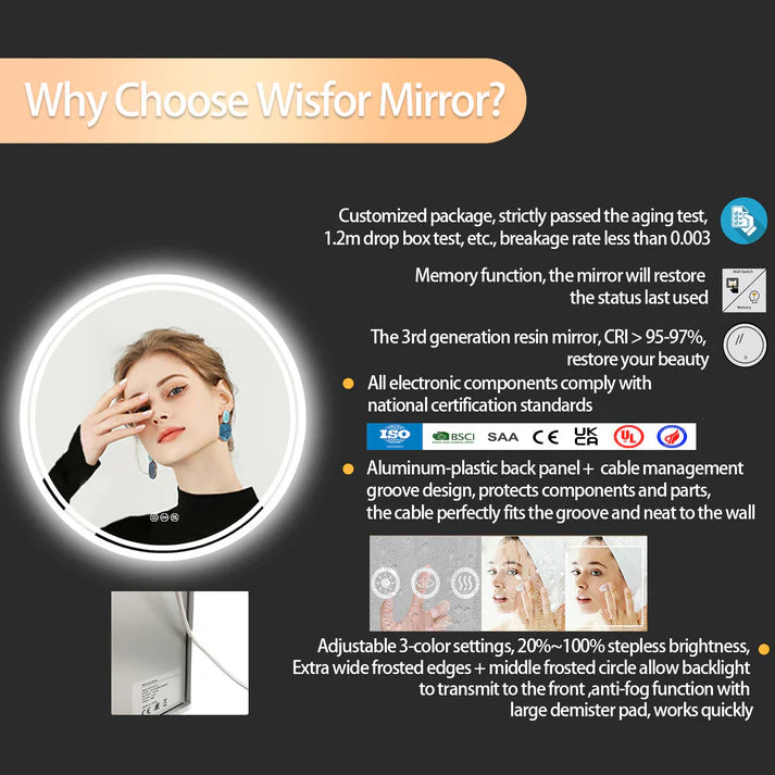 Round Backlit LED Bathroom Mirror with 3 Color Light Settings, Dimmable, anti-fog & memory function