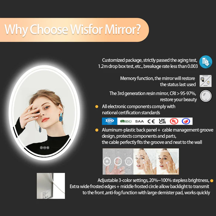Oval Dimmable Backlit LED Smart Bathroom Mirror,Wall Mounted,Anti-Fog