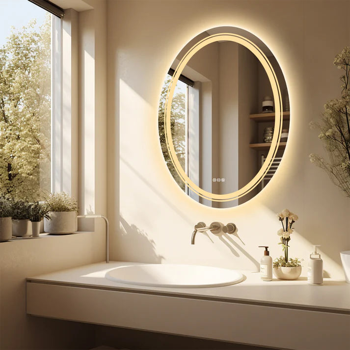 Oval Luxe Dual-Glow LED Bathroom Mirror - Anti-Fog, Dimmable, Double light, Memory & 3 colors.