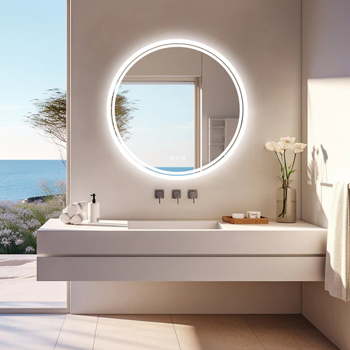 Round Backlit LED Bathroom Mirror with 3 Color Light Settings, Dimmable, anti-fog & memory function